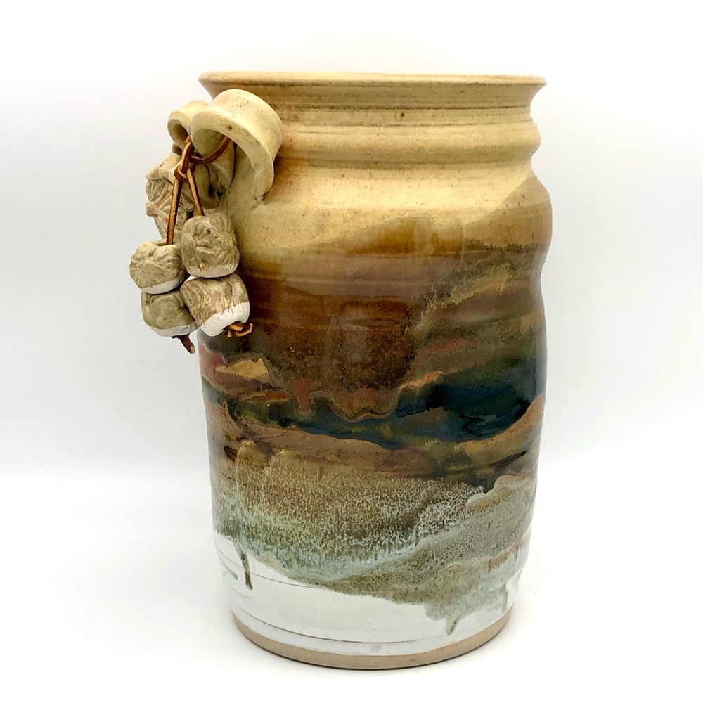 Large Pottery Crock Vase Hand Made Beads On Leather Dangle Applied Floral Relief - Picture 3 of 15
